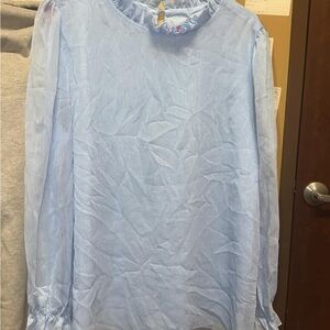 Powder Blue Long Sleeve Ruffled Bib Collar Blouse